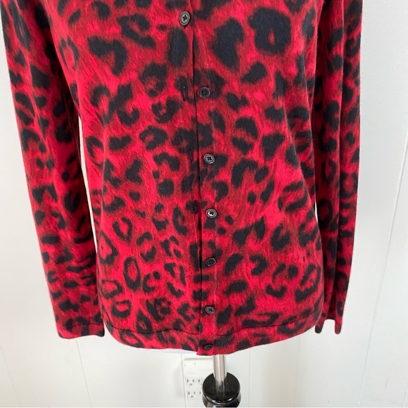 Talbots M P 100% Merino Wool Sweater Cardigan Cheetah Print Red Button Front - Picture 5 of 11
